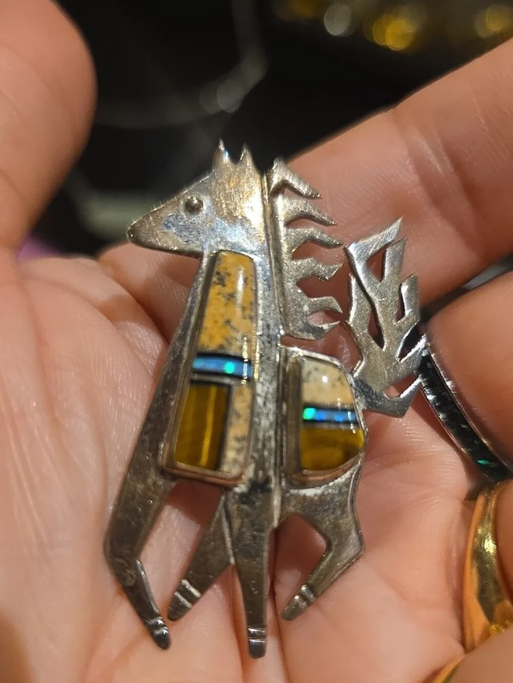 Sterling Silver Horse Brooch with Yellow and Blue Inlay